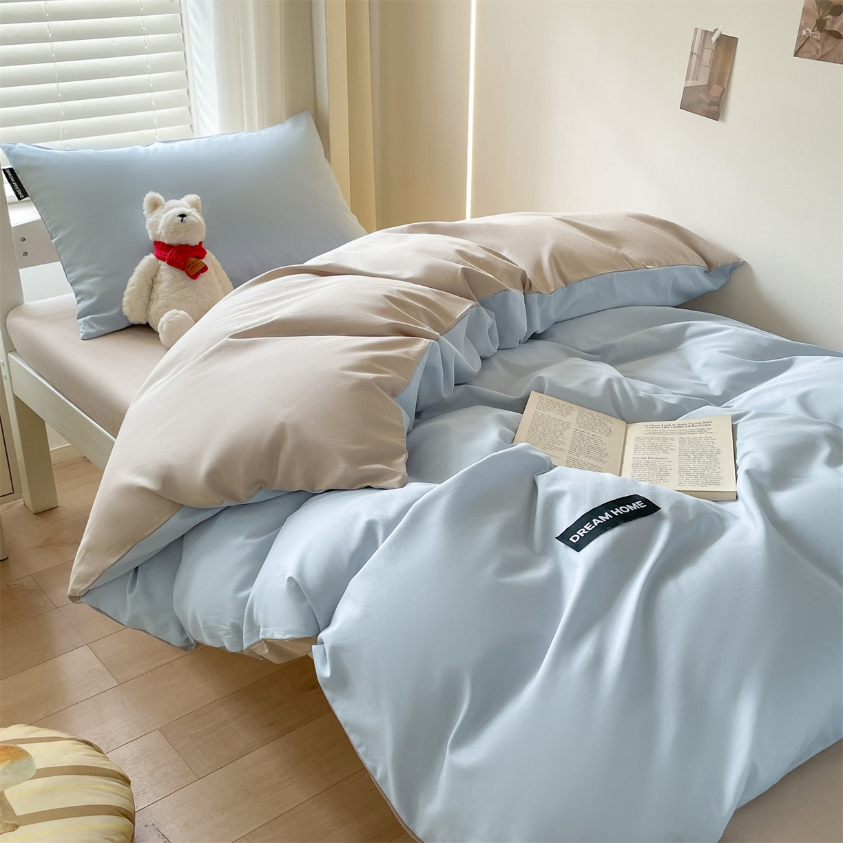 91家纺网 家纺一手货源 找家纺 笙意家纺 2025新款全棉纯棉简约黑标学生三件套 黑标款-天空蓝+山灰