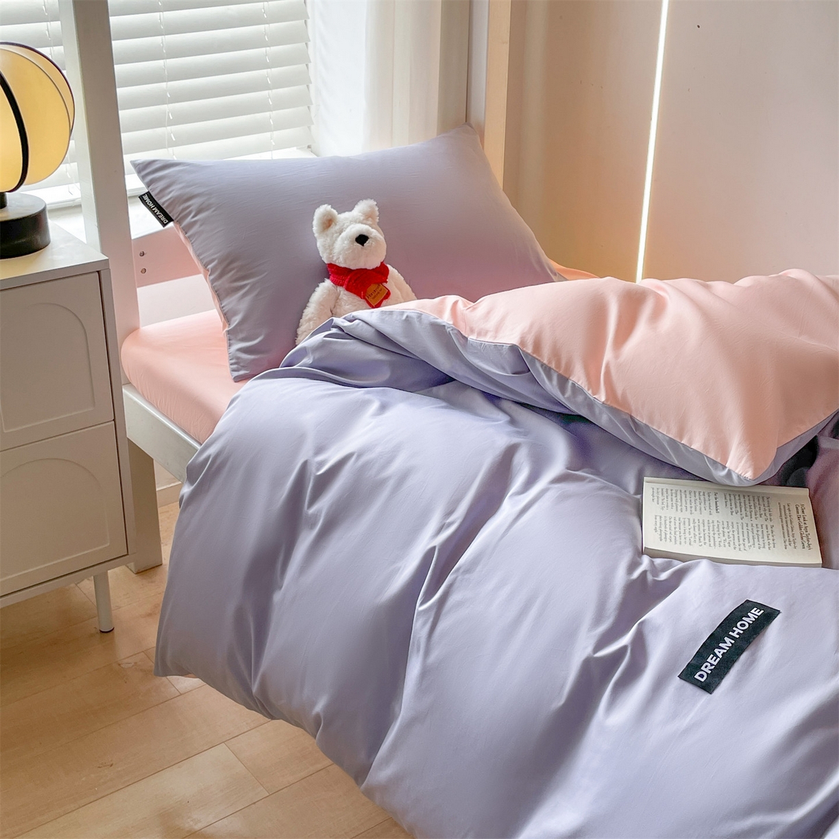91家纺网 家纺一手货源 找家纺 笙意家纺 2025新款全棉纯棉简约黑标学生三件套 黑标款-星黛紫+奶油粉