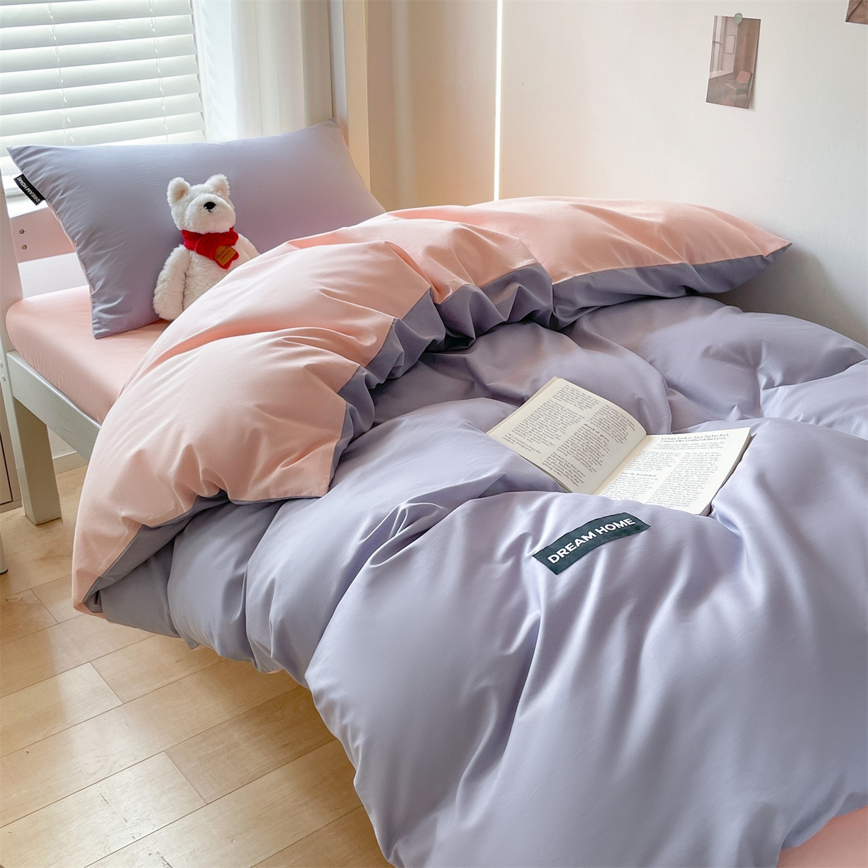 91家纺网 家纺一手货源 找家纺 笙意家纺 2025新款全棉纯棉简约黑标学生三件套 黑标款-星黛紫+奶油粉