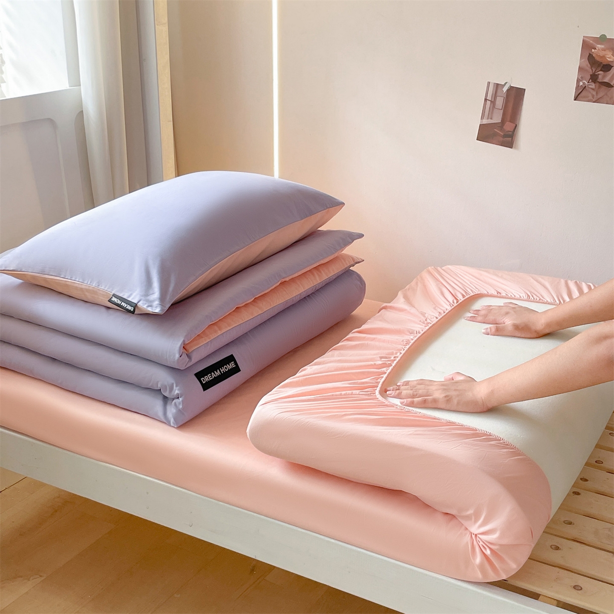 91家纺网 家纺一手货源 找家纺 笙意家纺 2025新款全棉纯棉简约黑标学生三件套 黑标款-星黛紫+奶油粉