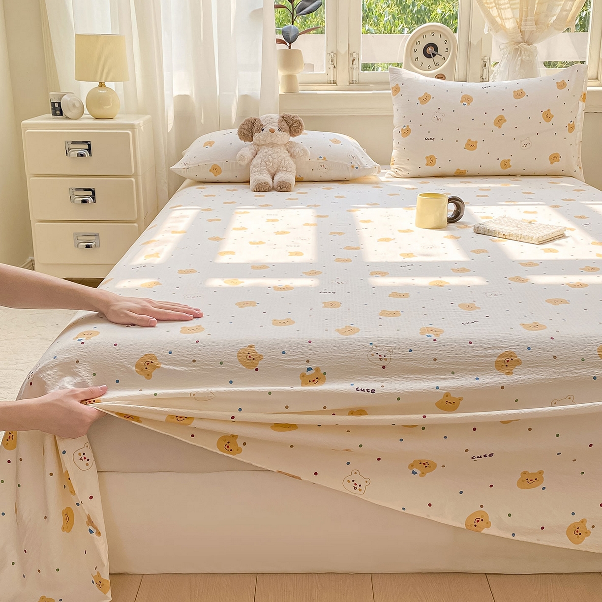 91家纺网 家纺一手货源 找家纺 眠势力 2025新款云感双层纱床单三件套ins奶油风学生宿舍床单四季通用 波点小熊