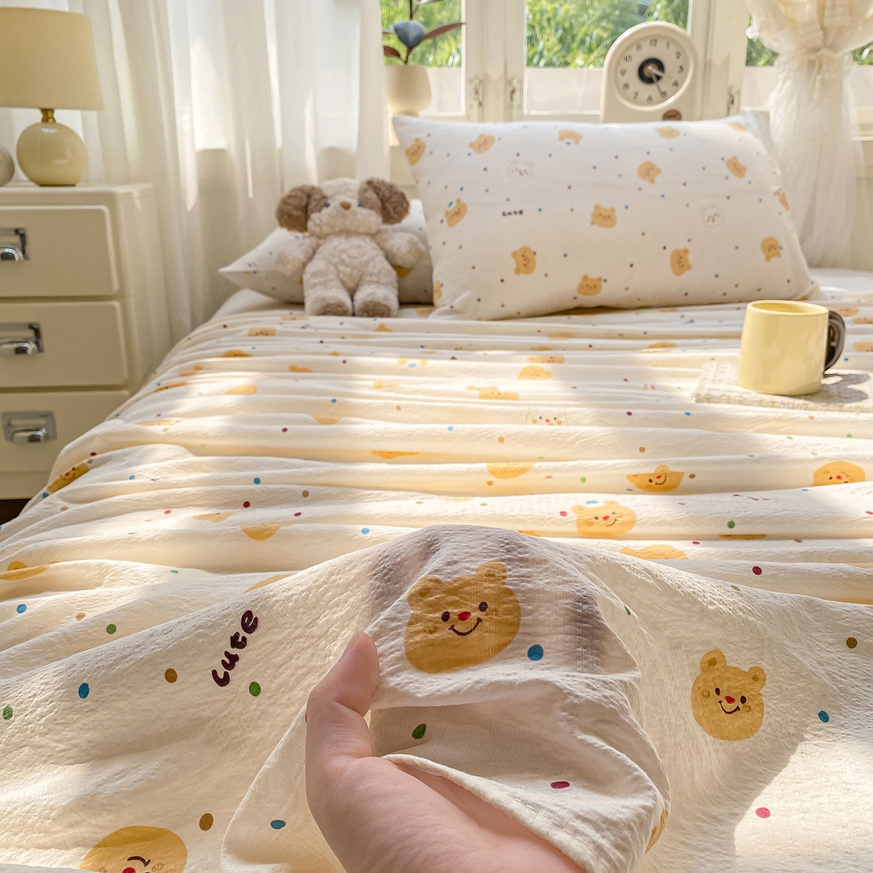 91家纺网 家纺一手货源 找家纺 眠势力 2025新款云感双层纱床单三件套ins奶油风学生宿舍床单四季通用 波点小熊