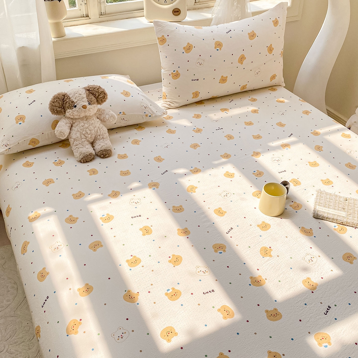 91家纺网 家纺一手货源 找家纺 眠势力 2025新款云感双层纱床单三件套ins奶油风学生宿舍床单四季通用 波点小熊