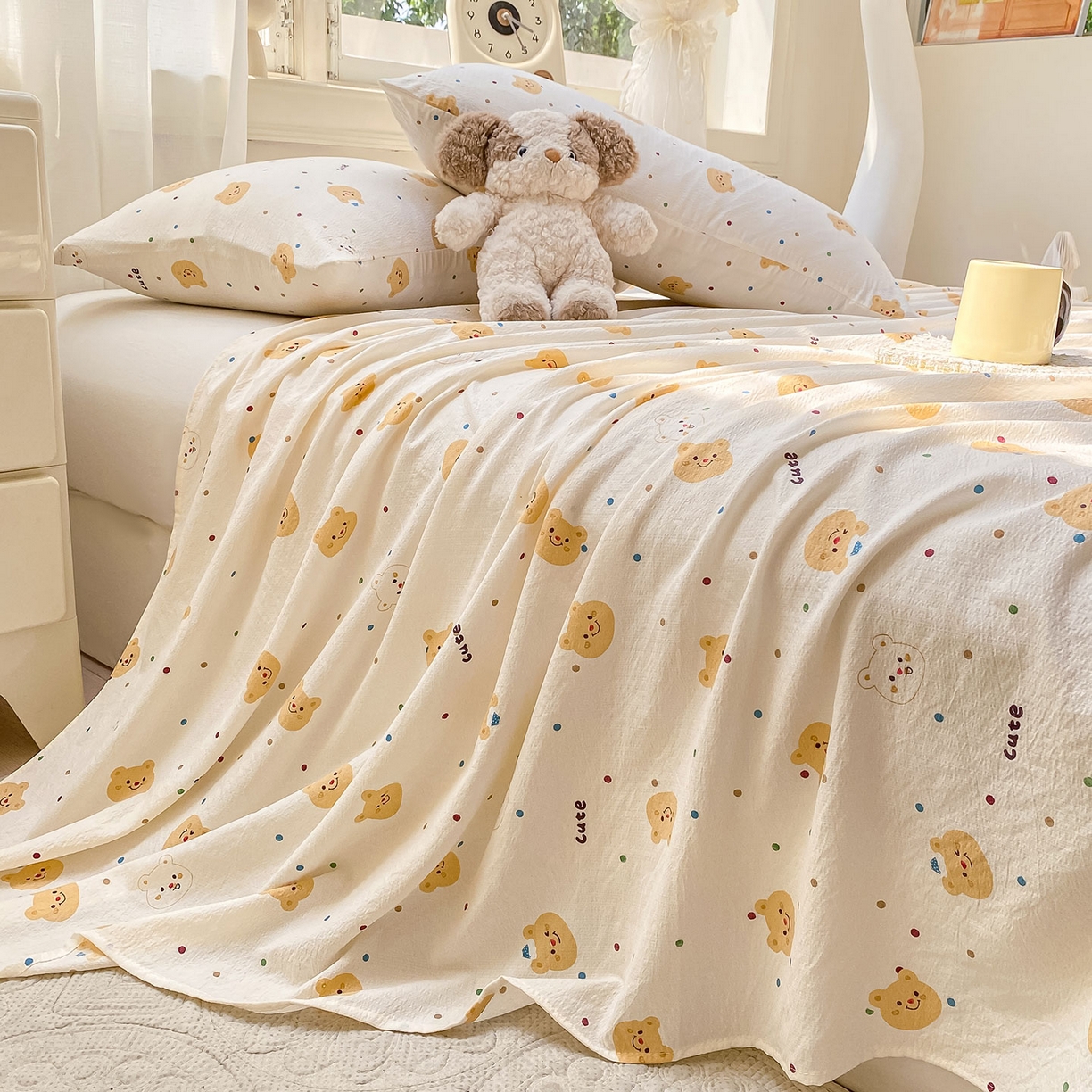 91家纺网 家纺一手货源 找家纺 眠势力 2025新款云感双层纱床单三件套ins奶油风学生宿舍床单四季通用 波点小熊