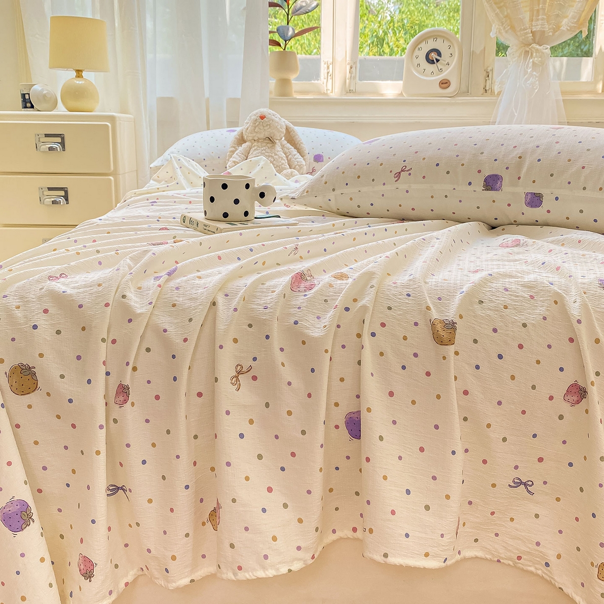 91家纺网 家纺一手货源 找家纺 眠势力 2025新款云感双层纱床单三件套ins奶油风学生宿舍床单四季通用 点点草莓