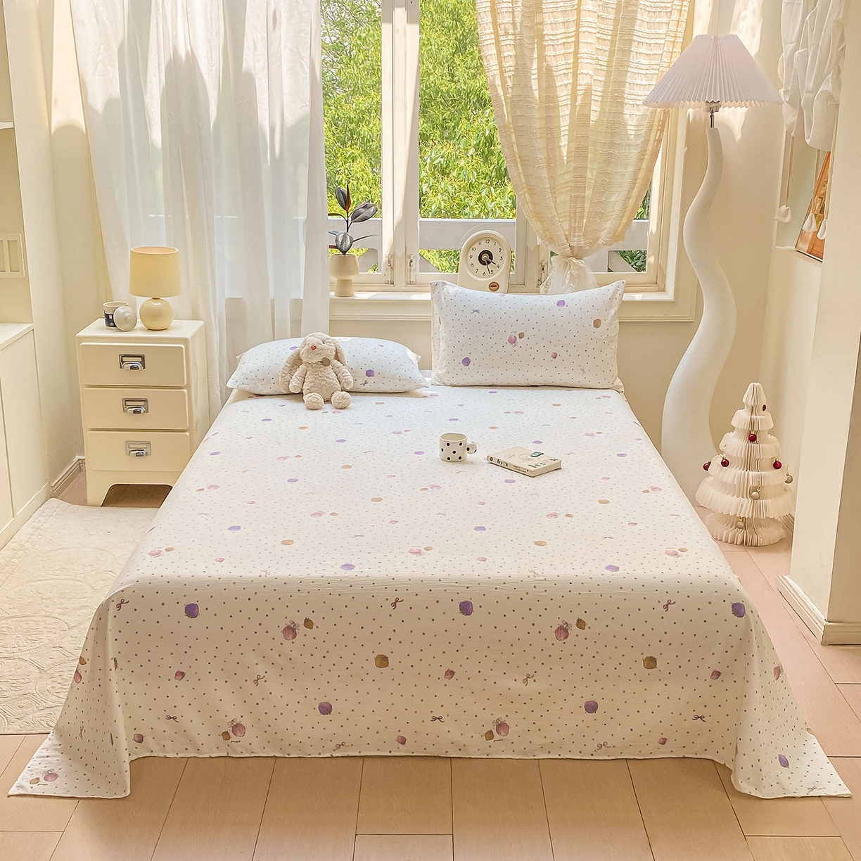 91家纺网 家纺一手货源 找家纺 眠势力 2025新款云感双层纱床单三件套ins奶油风学生宿舍床单四季通用 点点草莓