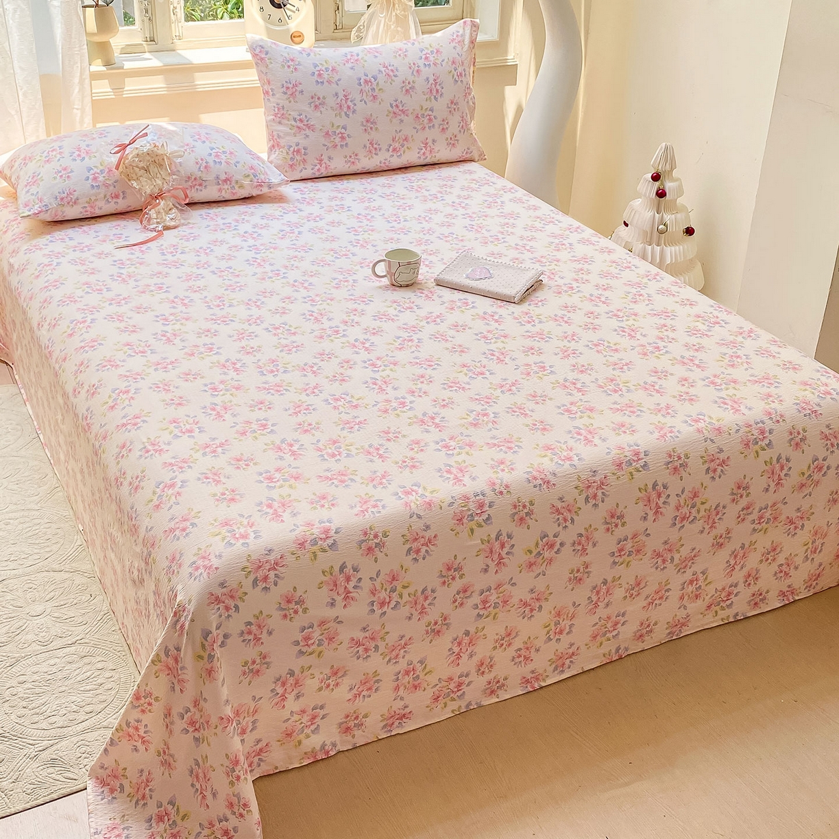 91家纺网 家纺一手货源 找家纺 眠势力 2025新款云感双层纱床单三件套ins奶油风学生宿舍床单四季通用 粉调花海