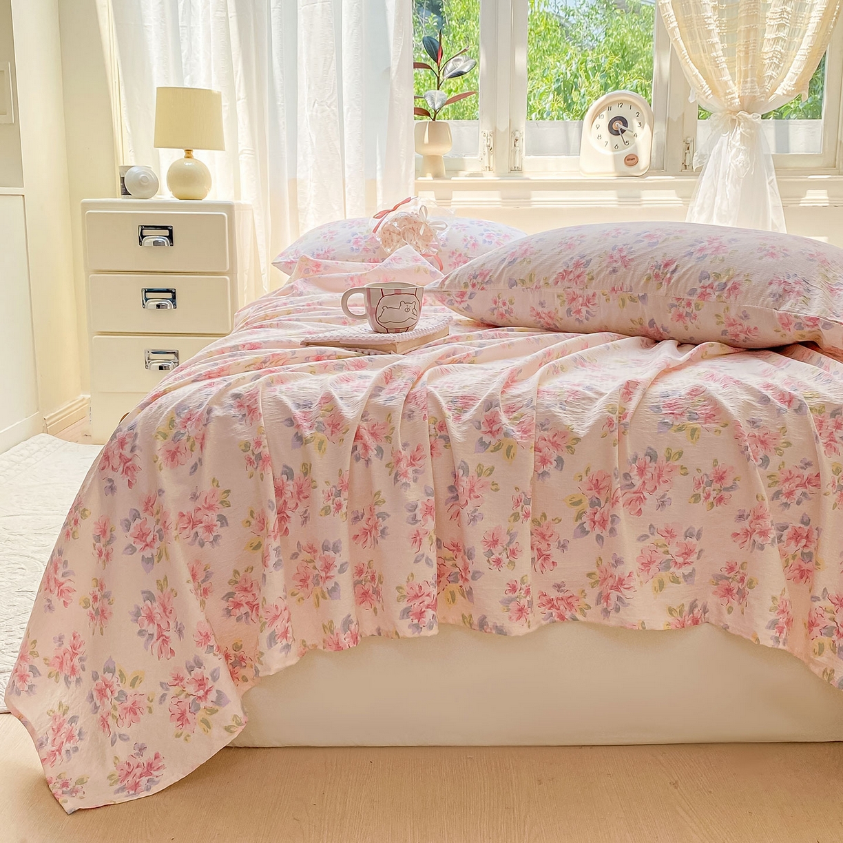 91家纺网 家纺一手货源 找家纺 眠势力 2025新款云感双层纱床单三件套ins奶油风学生宿舍床单四季通用 粉调花海