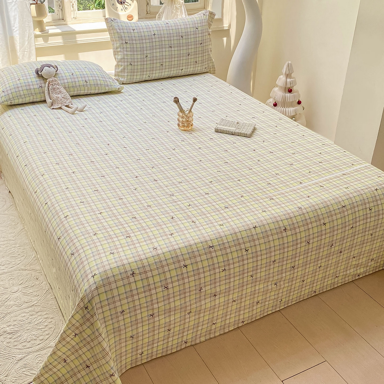 91家纺网 家纺一手货源 找家纺 眠势力 2025新款云感双层纱床单三件套ins奶油风学生宿舍床单四季通用 格调蝴蝶结