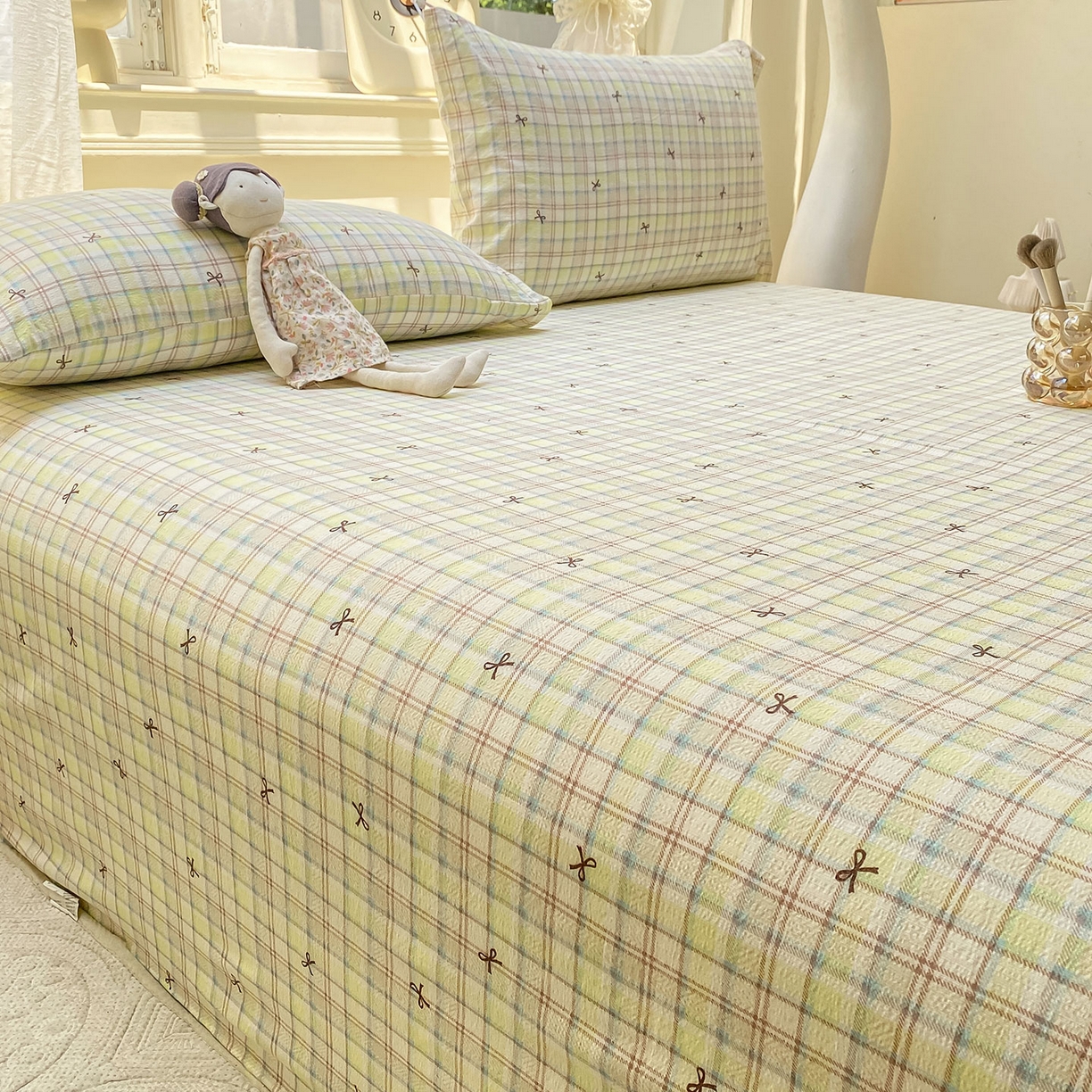 91家纺网 家纺一手货源 找家纺 眠势力 2025新款云感双层纱床单三件套ins奶油风学生宿舍床单四季通用 格调蝴蝶结