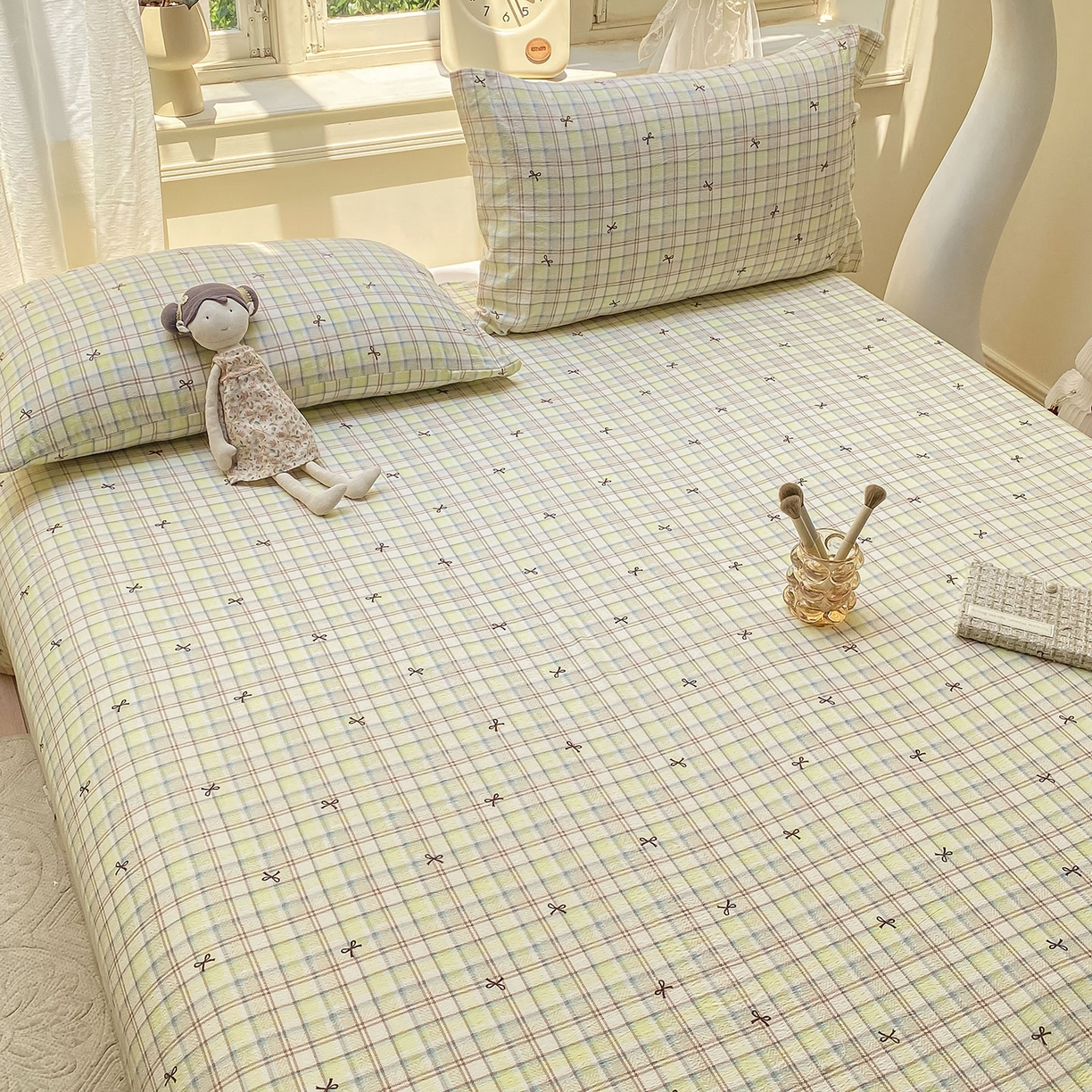 91家纺网 家纺一手货源 找家纺 眠势力 2025新款云感双层纱床单三件套ins奶油风学生宿舍床单四季通用 格调蝴蝶结