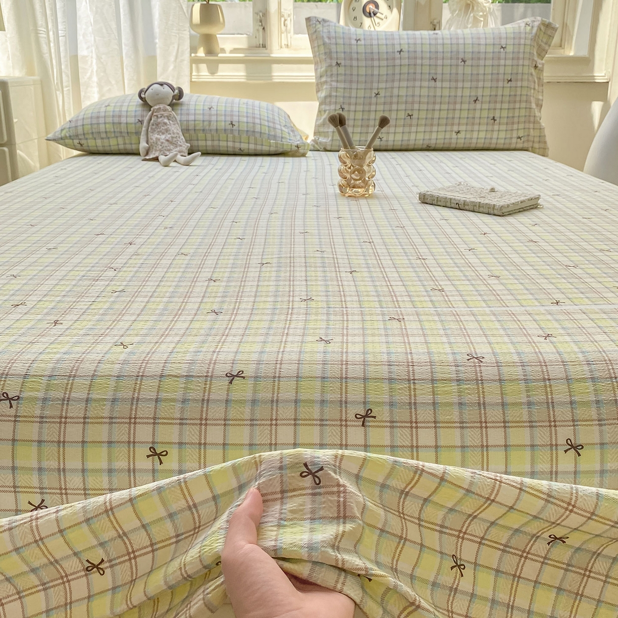 91家纺网 家纺一手货源 找家纺 眠势力 2025新款云感双层纱床单三件套ins奶油风学生宿舍床单四季通用 格调蝴蝶结