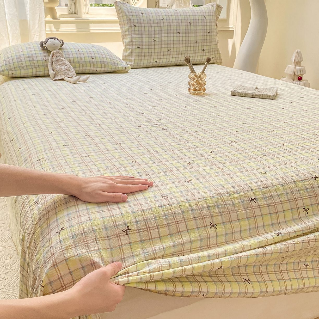 91家纺网 家纺一手货源 找家纺 眠势力 2025新款云感双层纱床单三件套ins奶油风学生宿舍床单四季通用 格调蝴蝶结