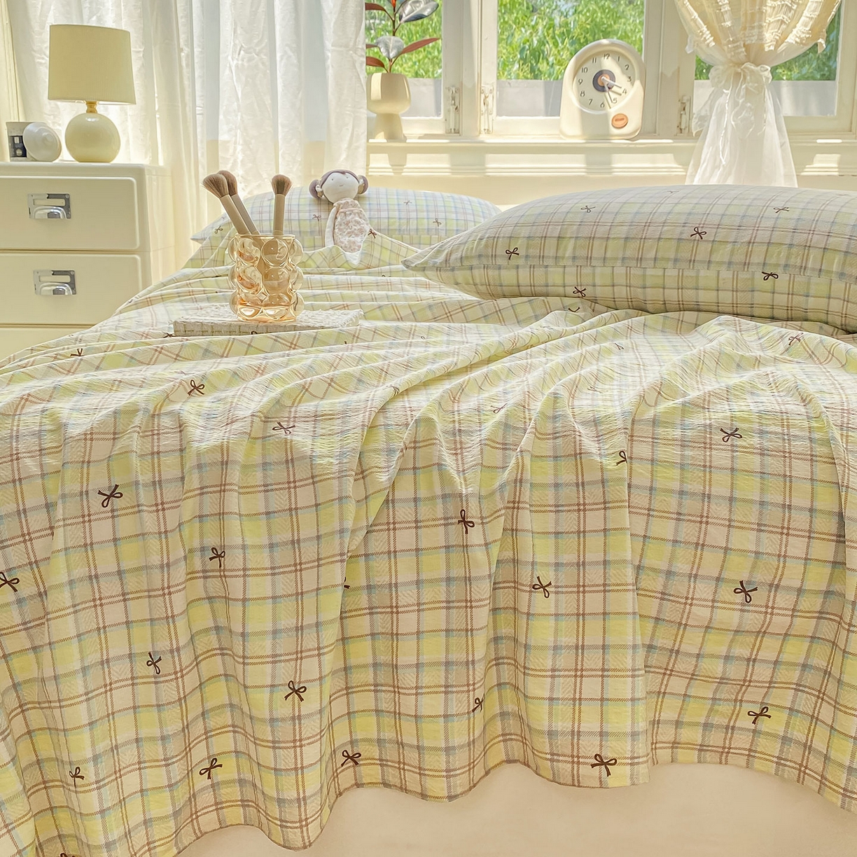 91家纺网 家纺一手货源 找家纺 眠势力 2025新款云感双层纱床单三件套ins奶油风学生宿舍床单四季通用 格调蝴蝶结