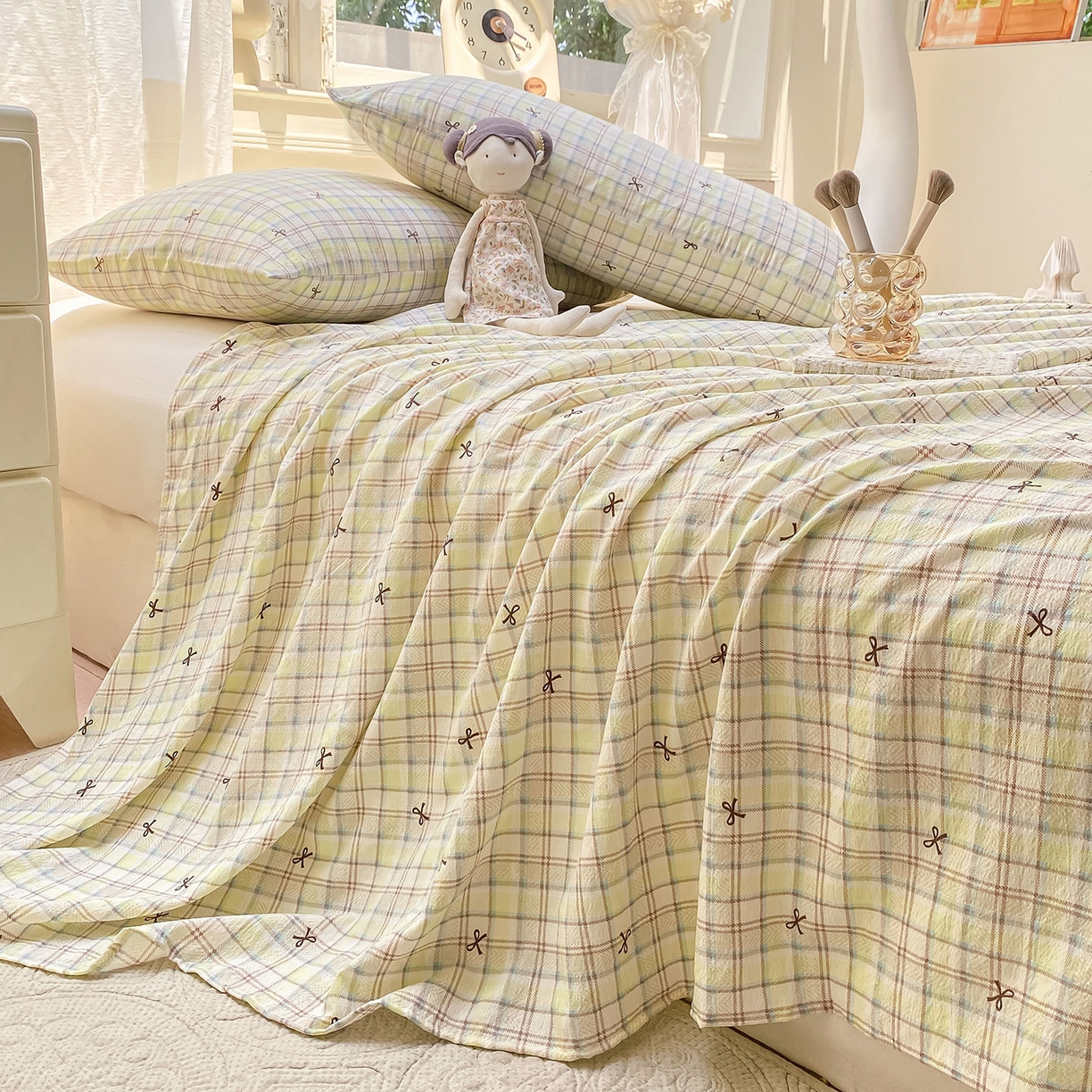 91家纺网 家纺一手货源 找家纺 眠势力 2025新款云感双层纱床单三件套ins奶油风学生宿舍床单四季通用 格调蝴蝶结