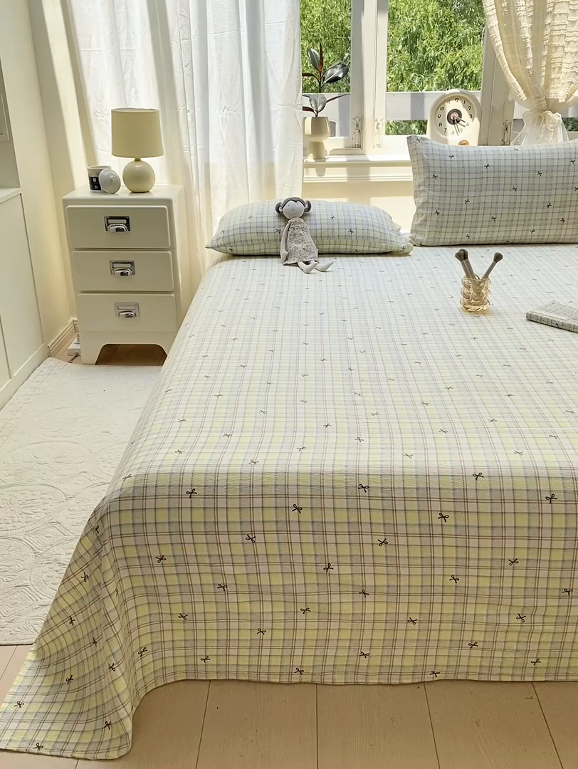 91家纺网 家纺一手货源 找家纺 眠势力 2025新款云感双层纱床单三件套ins奶油风学生宿舍床单四季通用 格调蝴蝶结