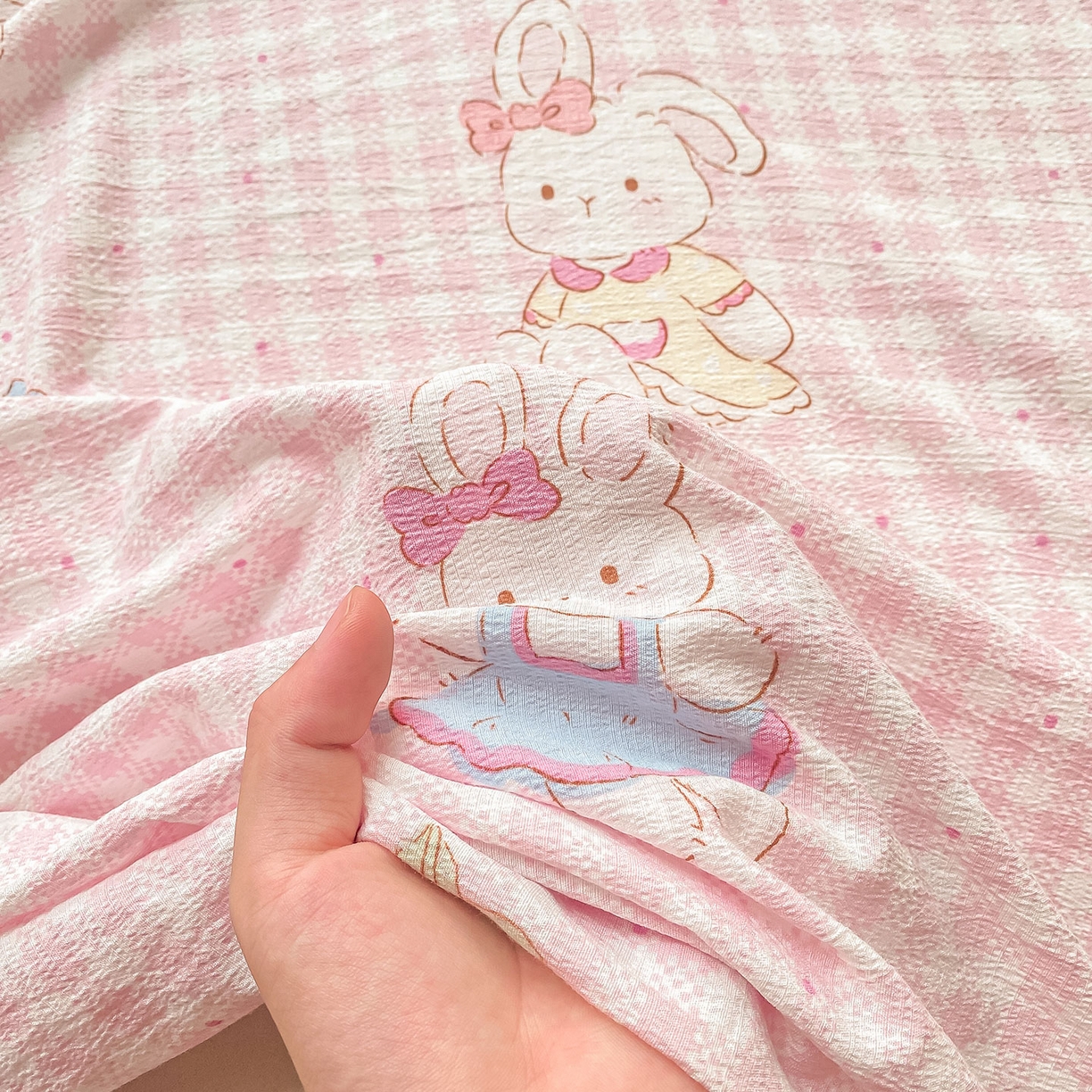 91家纺网 家纺一手货源 找家纺 眠势力 2025新款云感双层纱床单三件套ins奶油风学生宿舍床单四季通用 乖乖兔