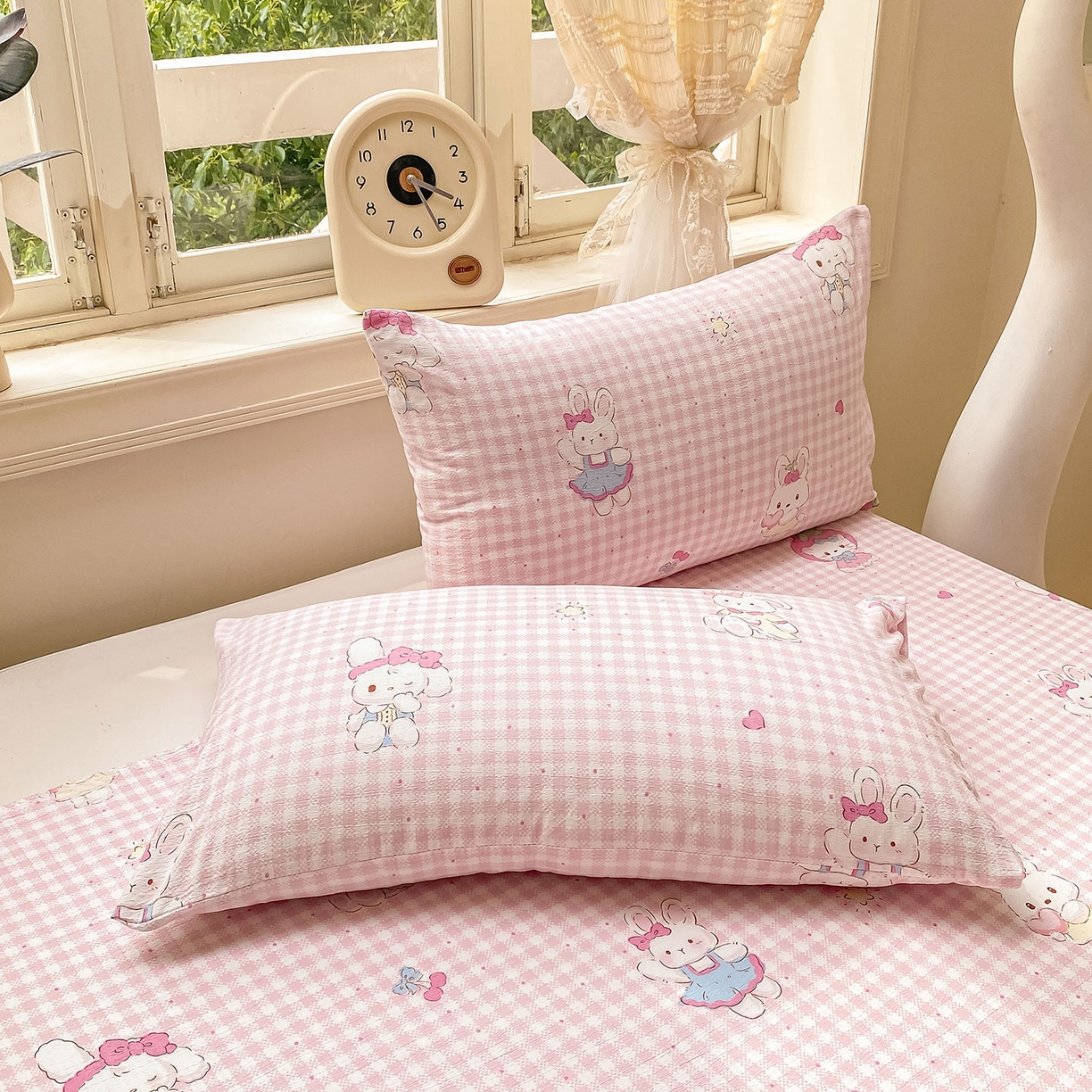 91家纺网 家纺一手货源 找家纺 眠势力 2025新款云感双层纱床单三件套ins奶油风学生宿舍床单四季通用 乖乖兔