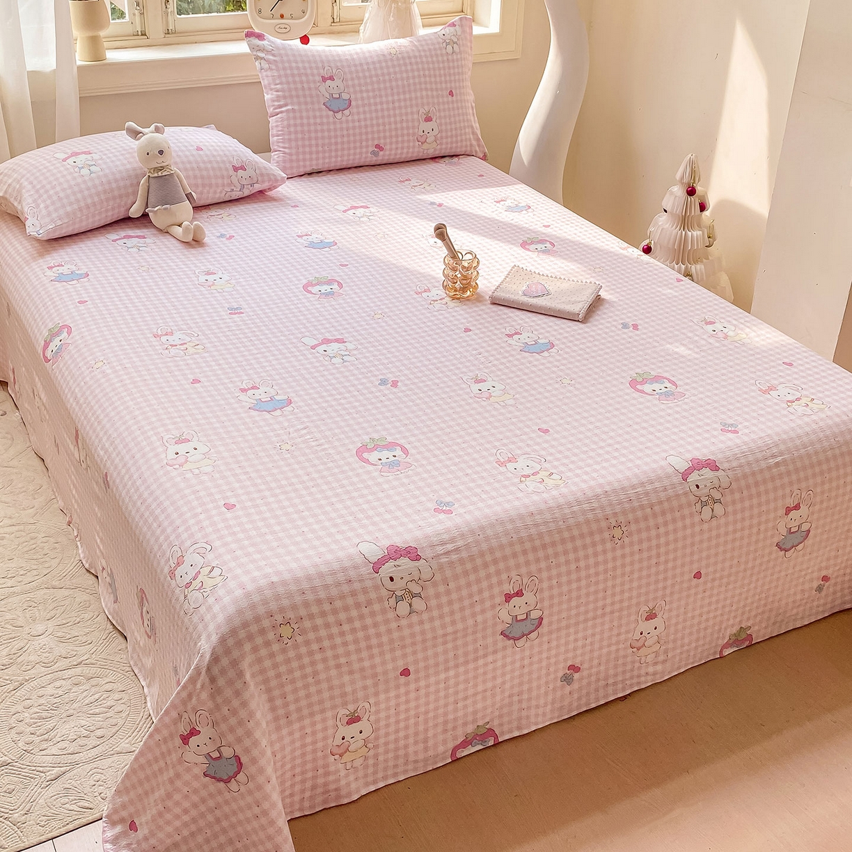 91家纺网 家纺一手货源 找家纺 眠势力 2025新款云感双层纱床单三件套ins奶油风学生宿舍床单四季通用 乖乖兔