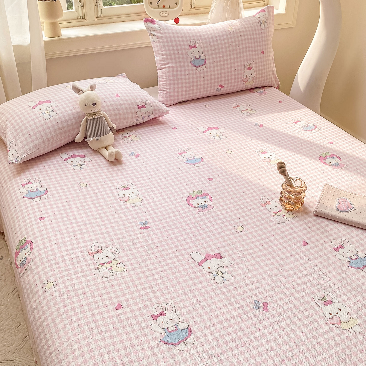 91家纺网 家纺一手货源 找家纺 眠势力 2025新款云感双层纱床单三件套ins奶油风学生宿舍床单四季通用 乖乖兔