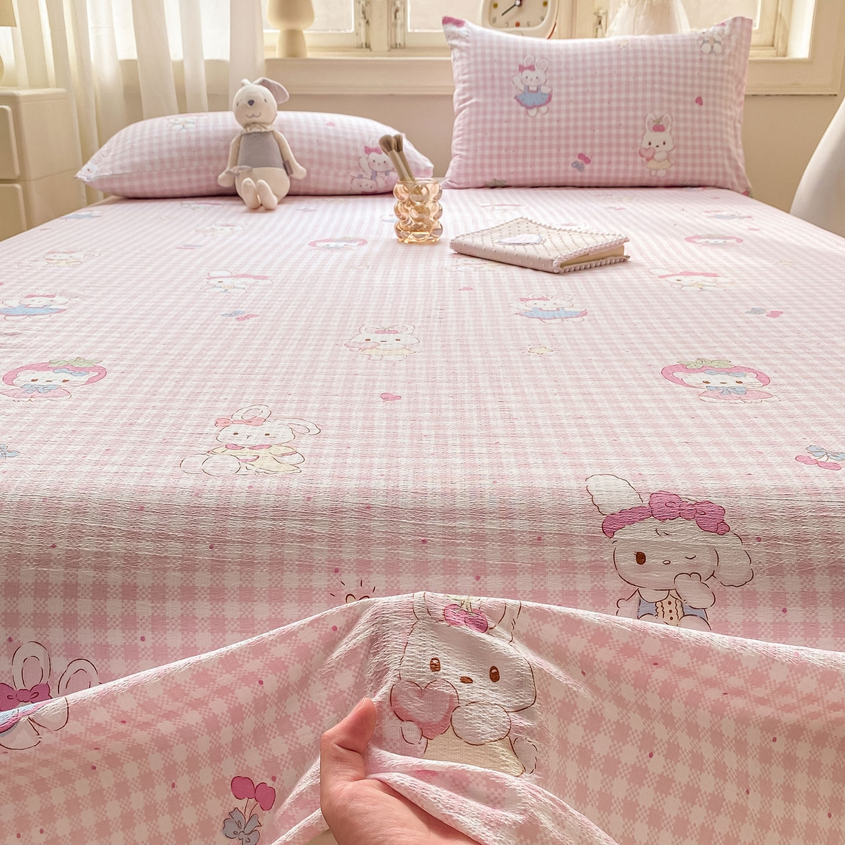 91家纺网 家纺一手货源 找家纺 眠势力 2025新款云感双层纱床单三件套ins奶油风学生宿舍床单四季通用 乖乖兔