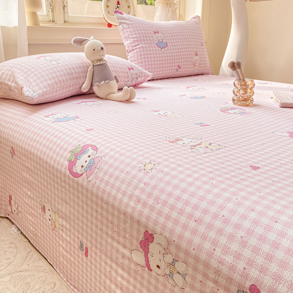 91家纺网 家纺一手货源 找家纺 眠势力 2025新款云感双层纱床单三件套ins奶油风学生宿舍床单四季通用 乖乖兔