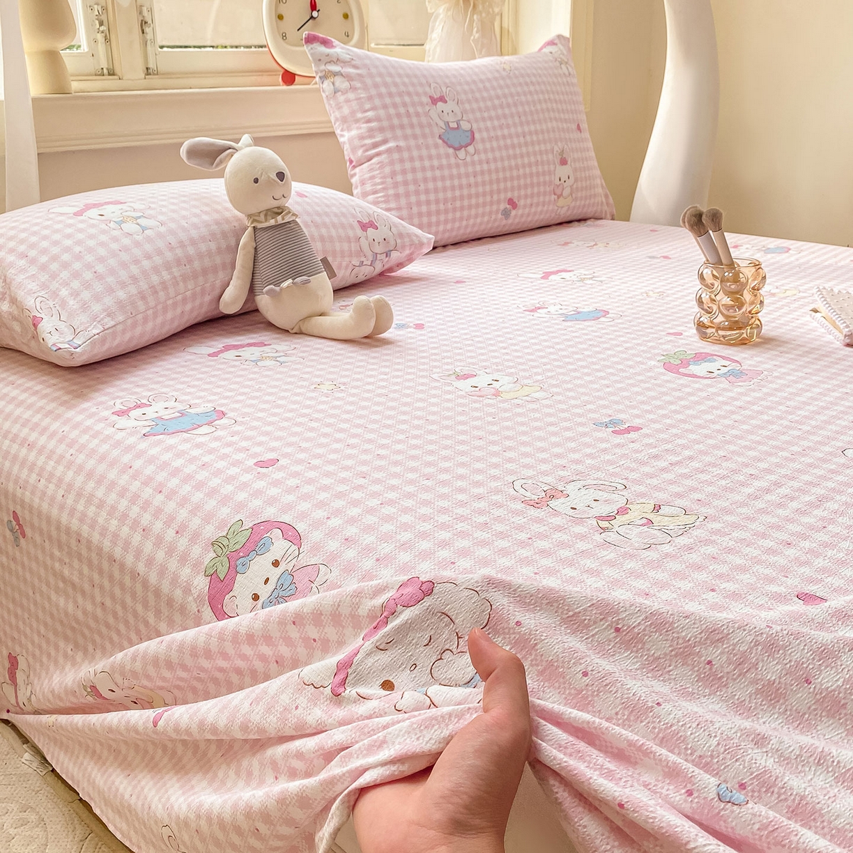 91家纺网 家纺一手货源 找家纺 眠势力 2025新款云感双层纱床单三件套ins奶油风学生宿舍床单四季通用 乖乖兔