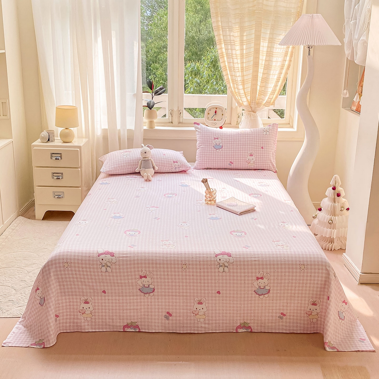 91家纺网 家纺一手货源 找家纺 眠势力 2025新款云感双层纱床单三件套ins奶油风学生宿舍床单四季通用 乖乖兔