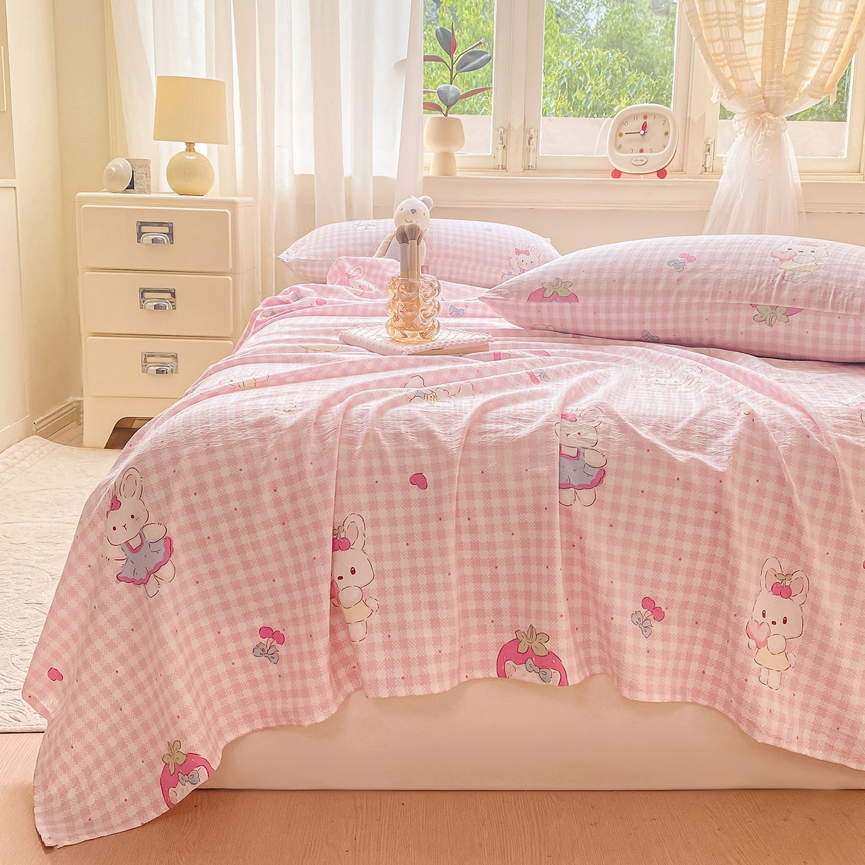 91家纺网 家纺一手货源 找家纺 眠势力 2025新款云感双层纱床单三件套ins奶油风学生宿舍床单四季通用 乖乖兔