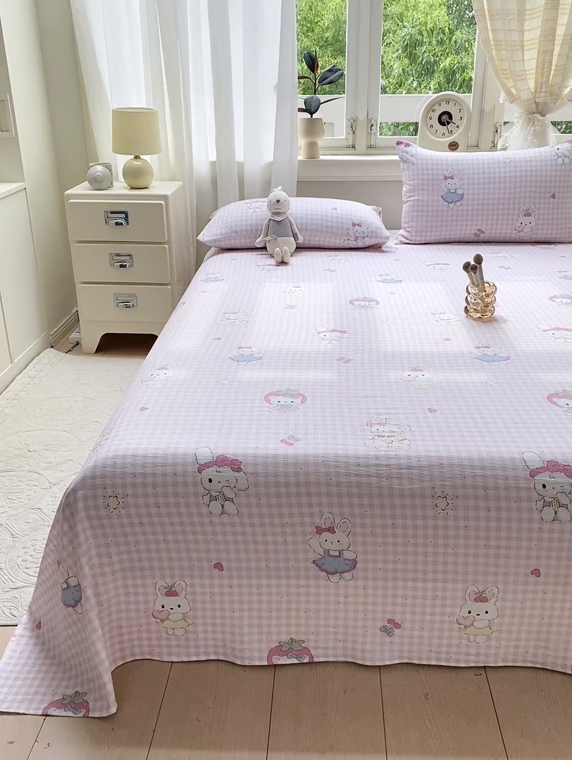 91家纺网 家纺一手货源 找家纺 眠势力 2025新款云感双层纱床单三件套ins奶油风学生宿舍床单四季通用 乖乖兔