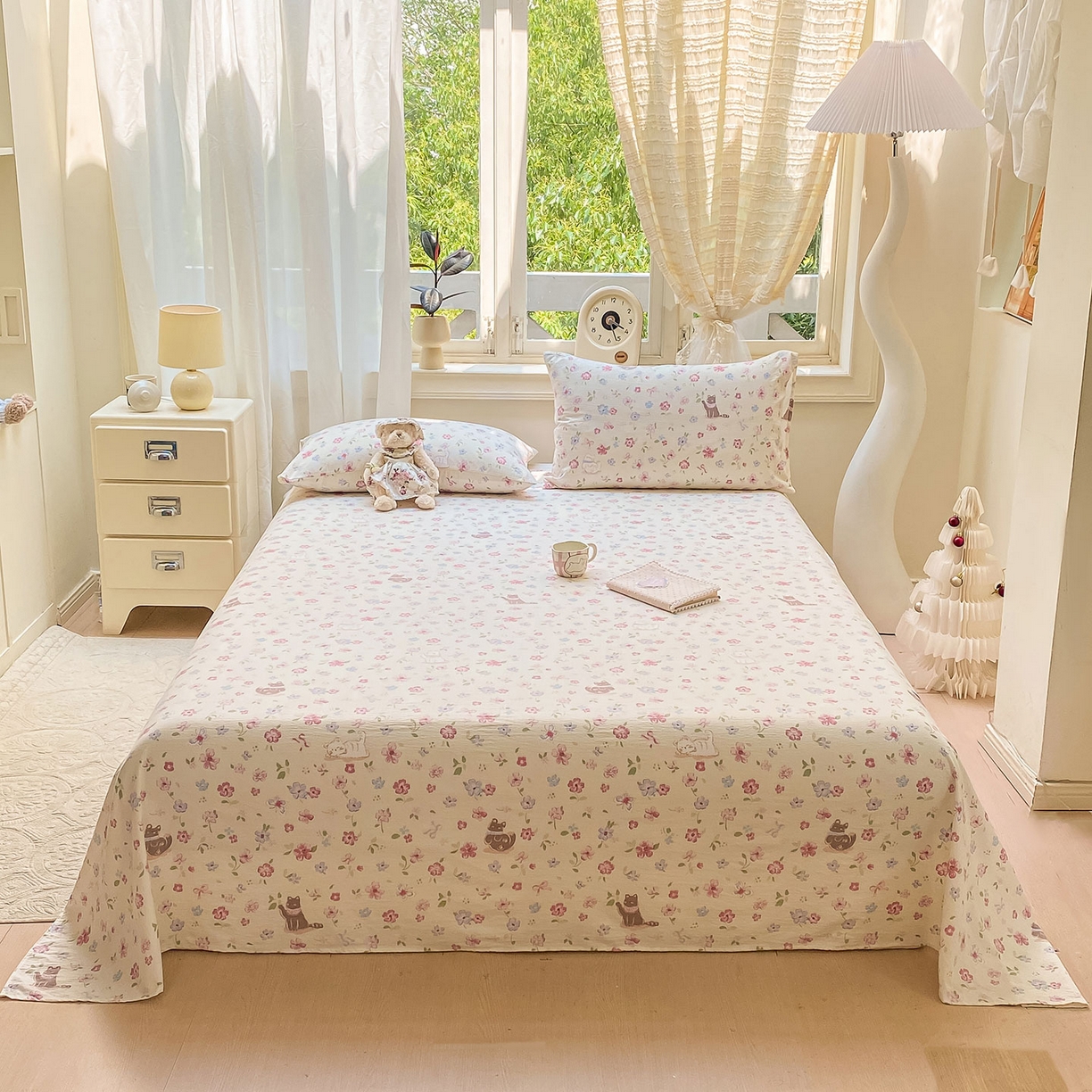 91家纺网 家纺一手货源 找家纺 眠势力 2025新款云感双层纱床单三件套ins奶油风学生宿舍床单四季通用 花丛猫咪