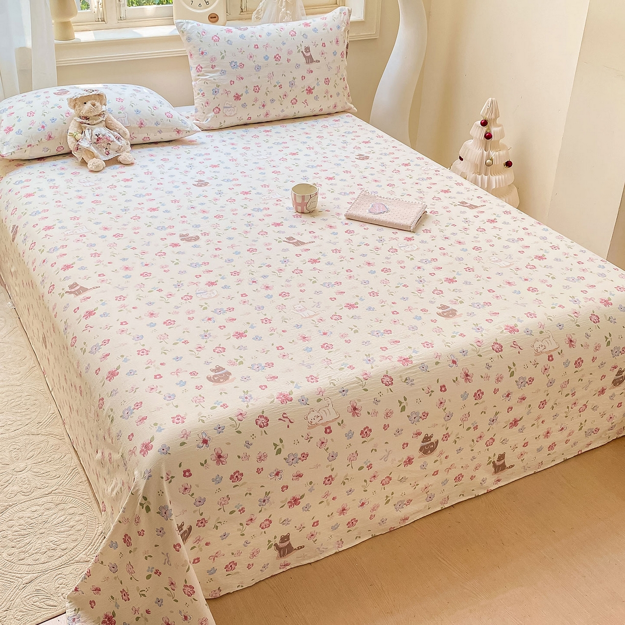 91家纺网 家纺一手货源 找家纺 眠势力 2025新款云感双层纱床单三件套ins奶油风学生宿舍床单四季通用 花丛猫咪