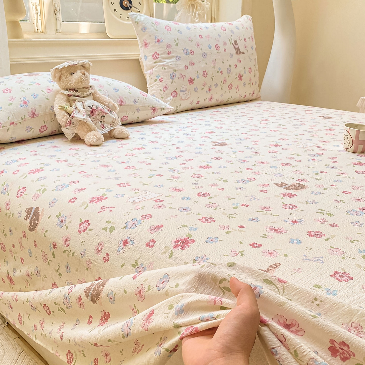 91家纺网 家纺一手货源 找家纺 眠势力 2025新款云感双层纱床单三件套ins奶油风学生宿舍床单四季通用 花丛猫咪