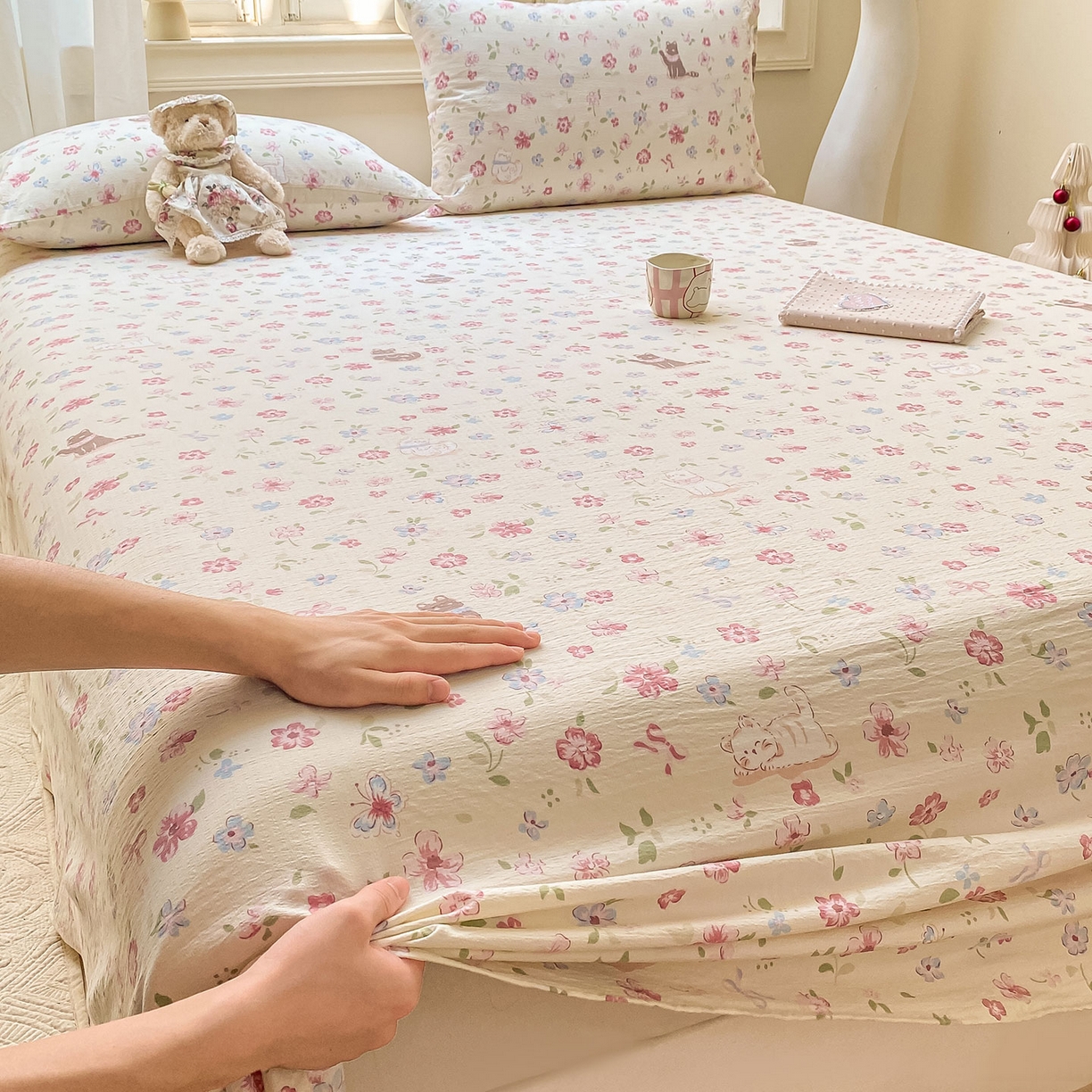 91家纺网 家纺一手货源 找家纺 眠势力 2025新款云感双层纱床单三件套ins奶油风学生宿舍床单四季通用 花丛猫咪