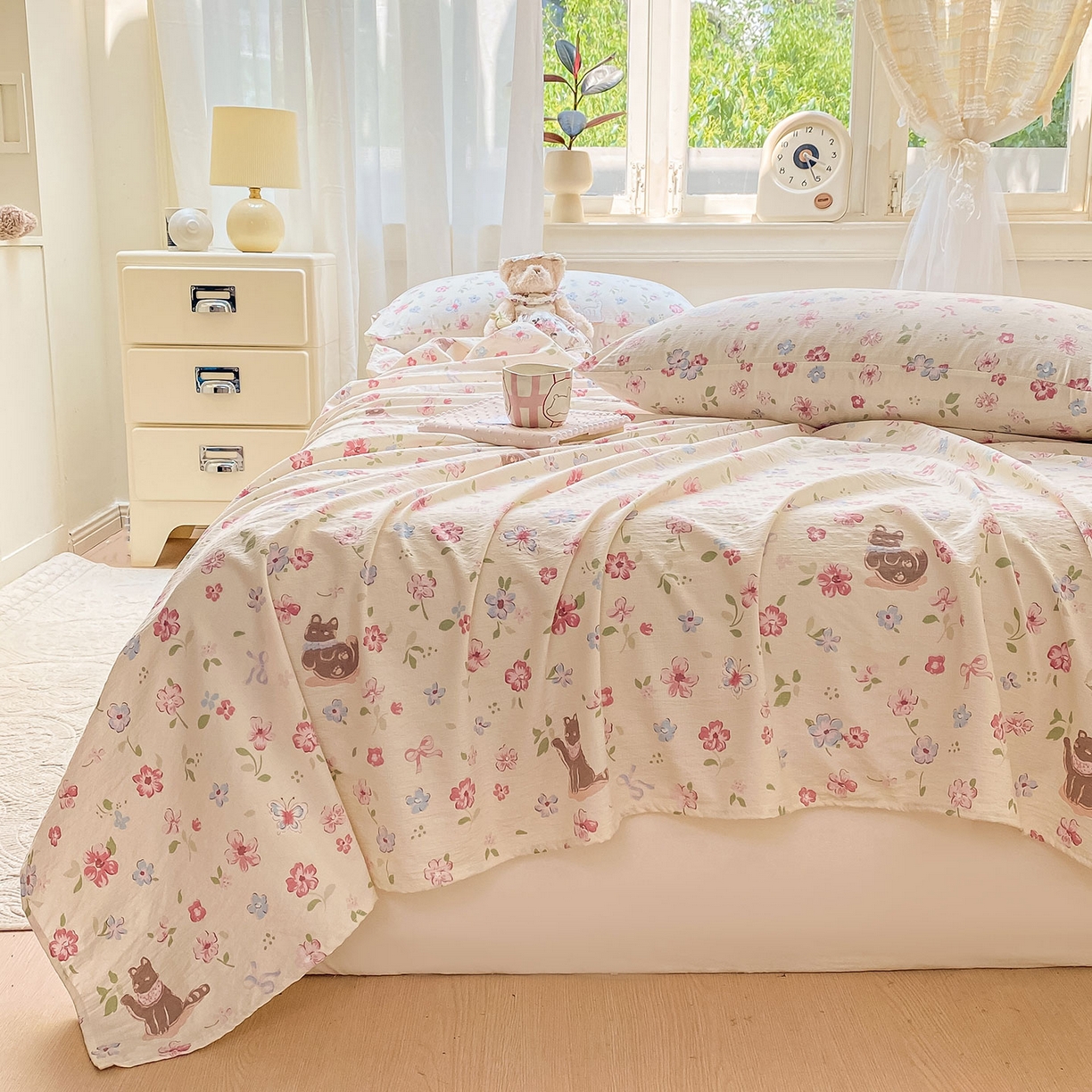 91家纺网 家纺一手货源 找家纺 眠势力 2025新款云感双层纱床单三件套ins奶油风学生宿舍床单四季通用 花丛猫咪