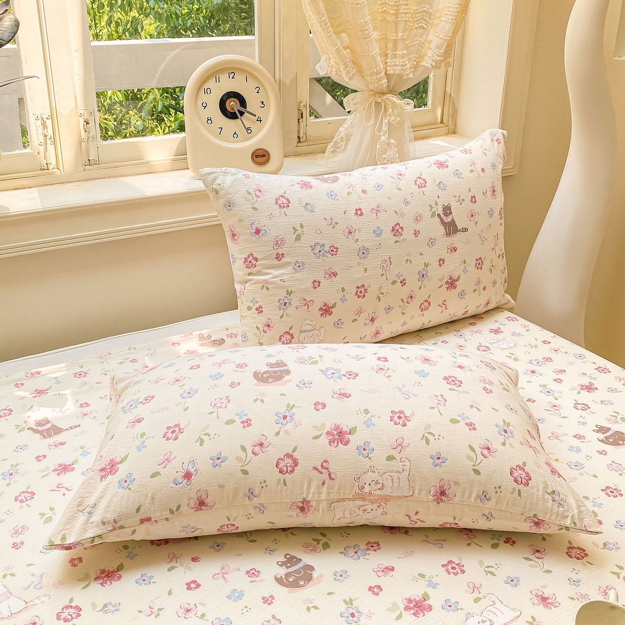 91家纺网 家纺一手货源 找家纺 眠势力 2025新款云感双层纱床单三件套ins奶油风学生宿舍床单四季通用 花丛猫咪