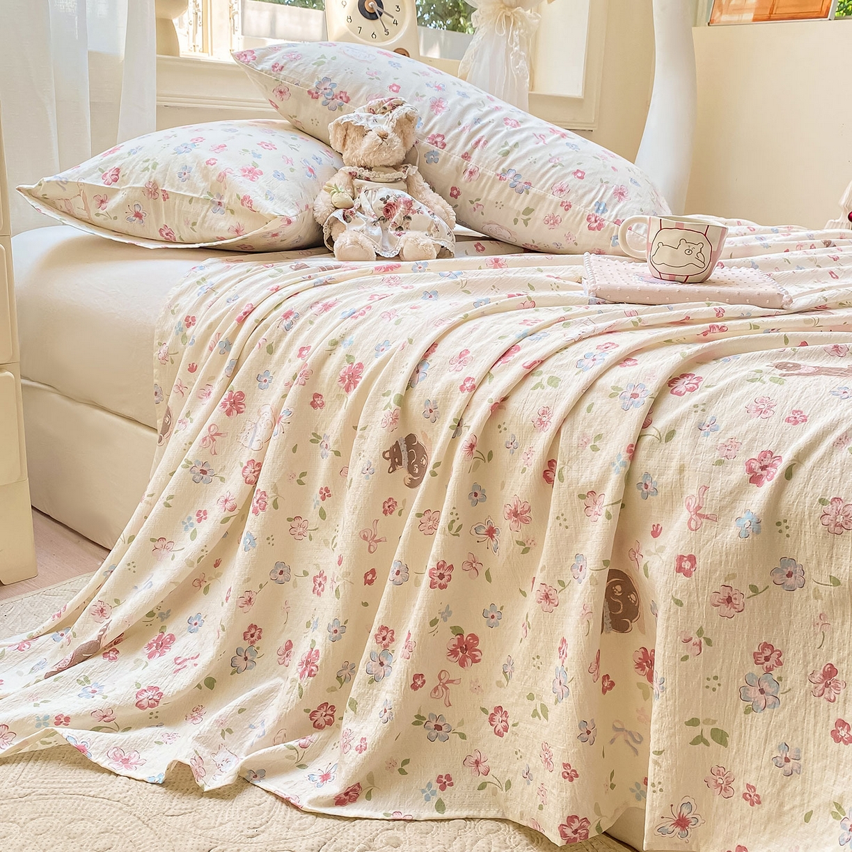 91家纺网 家纺一手货源 找家纺 眠势力 2025新款云感双层纱床单三件套ins奶油风学生宿舍床单四季通用 花丛猫咪