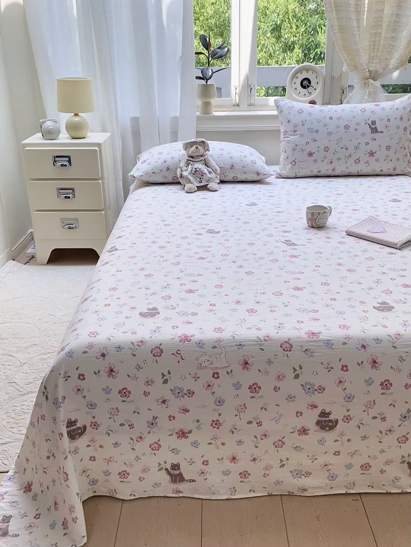 91家纺网 家纺一手货源 找家纺 眠势力 2025新款云感双层纱床单三件套ins奶油风学生宿舍床单四季通用 花丛猫咪