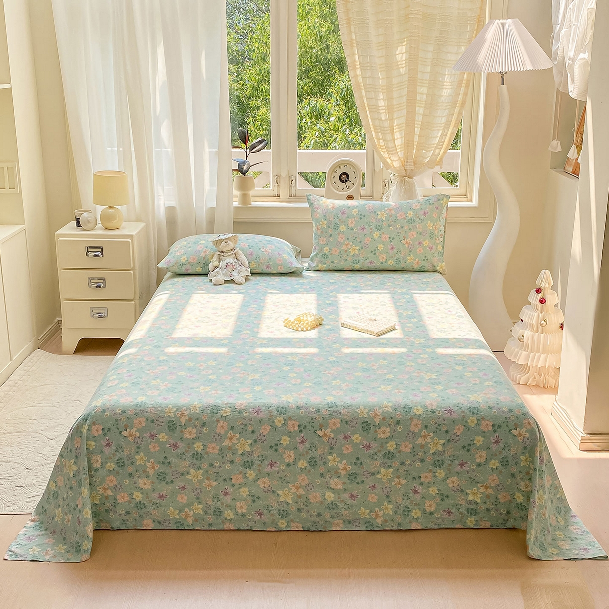 91家纺网 家纺一手货源 找家纺 眠势力 2025新款云感双层纱床单三件套ins奶油风学生宿舍床单四季通用 花开盛夏