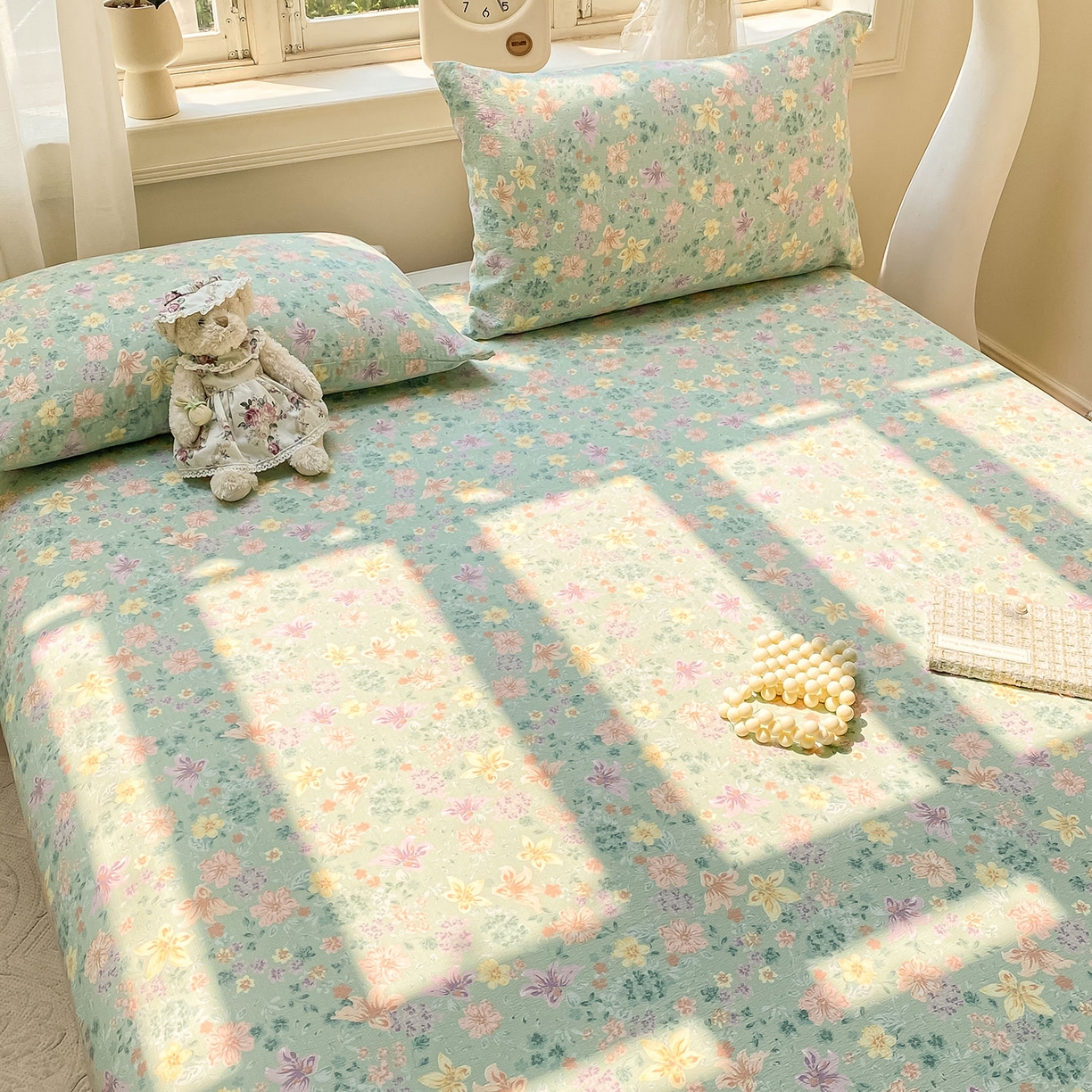 91家纺网 家纺一手货源 找家纺 眠势力 2025新款云感双层纱床单三件套ins奶油风学生宿舍床单四季通用 花开盛夏