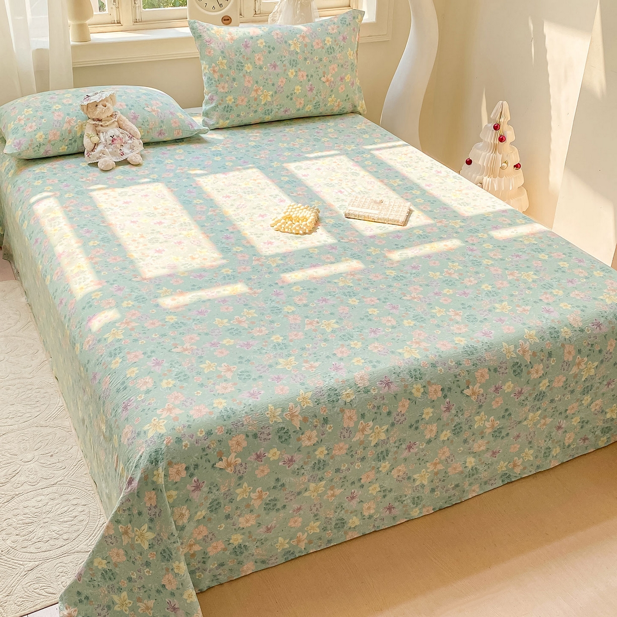 91家纺网 家纺一手货源 找家纺 眠势力 2025新款云感双层纱床单三件套ins奶油风学生宿舍床单四季通用 花开盛夏