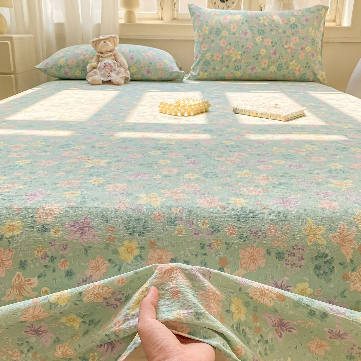 91家纺网 家纺一手货源 找家纺 眠势力 2025新款云感双层纱床单三件套ins奶油风学生宿舍床单四季通用 花开盛夏