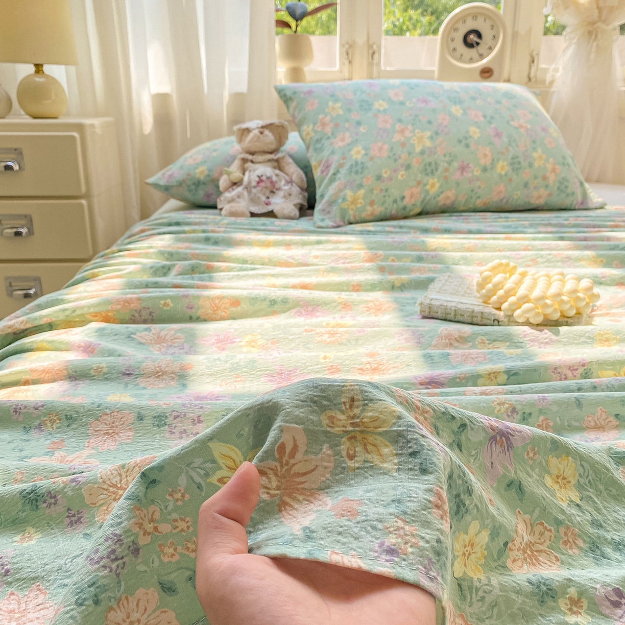 91家纺网 家纺一手货源 找家纺 眠势力 2025新款云感双层纱床单三件套ins奶油风学生宿舍床单四季通用 花开盛夏