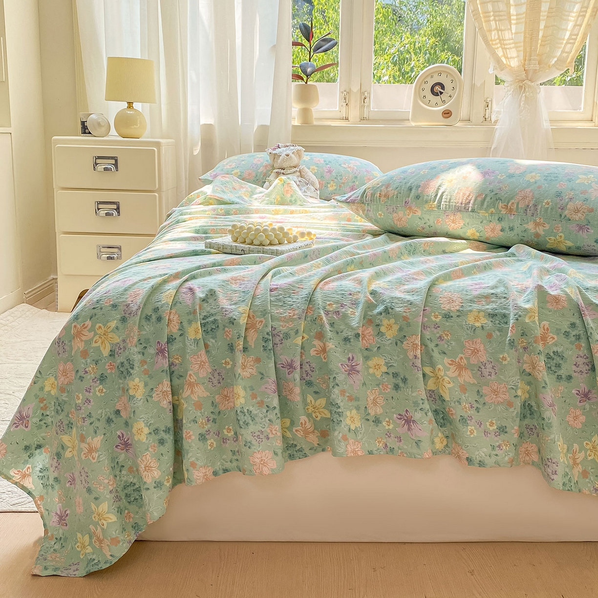 91家纺网 家纺一手货源 找家纺 眠势力 2025新款云感双层纱床单三件套ins奶油风学生宿舍床单四季通用 花开盛夏