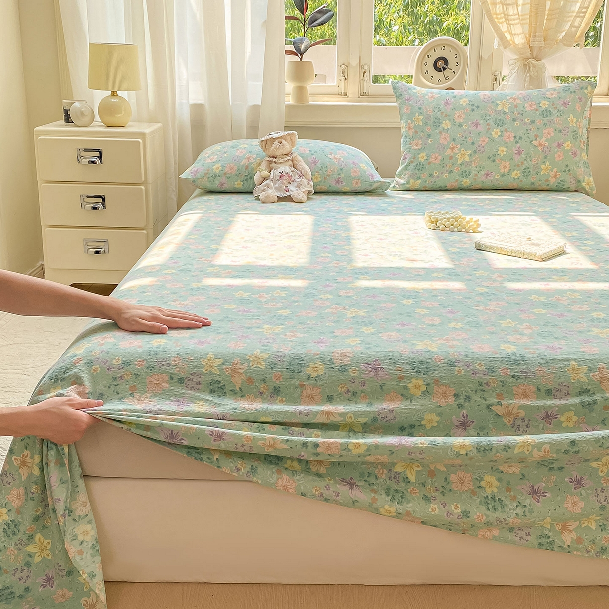 91家纺网 家纺一手货源 找家纺 眠势力 2025新款云感双层纱床单三件套ins奶油风学生宿舍床单四季通用 花开盛夏