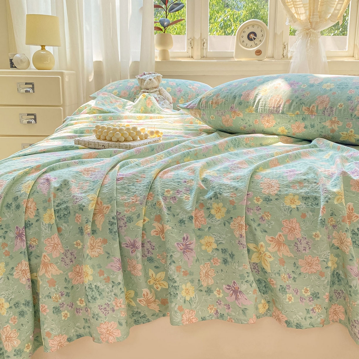 91家纺网 家纺一手货源 找家纺 眠势力 2025新款云感双层纱床单三件套ins奶油风学生宿舍床单四季通用 花开盛夏