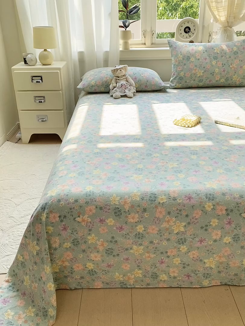 91家纺网 家纺一手货源 找家纺 眠势力 2025新款云感双层纱床单三件套ins奶油风学生宿舍床单四季通用 花开盛夏