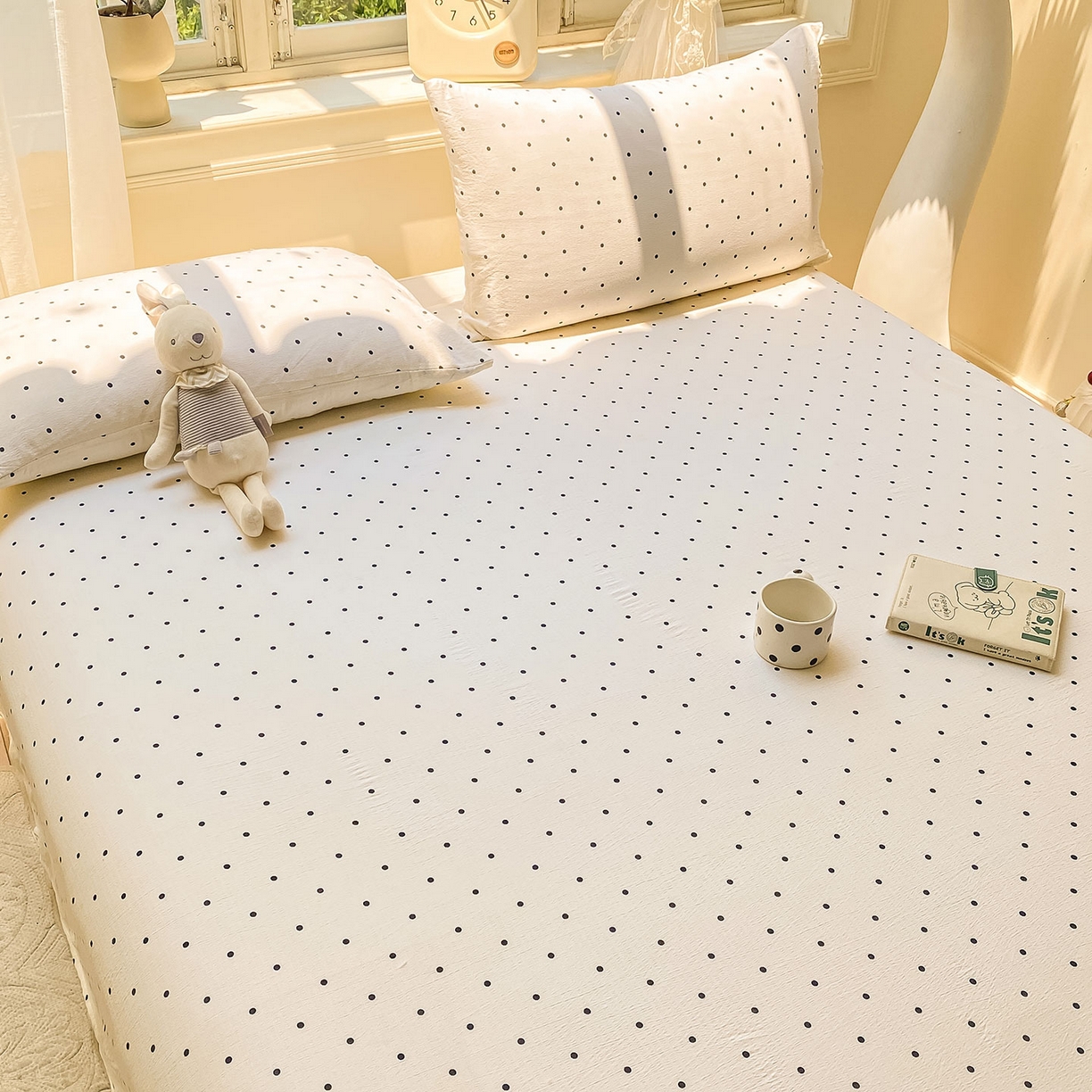 91家纺网 家纺一手货源 找家纺 眠势力 2025新款云感双层纱床单三件套ins奶油风学生宿舍床单四季通用 极简波点