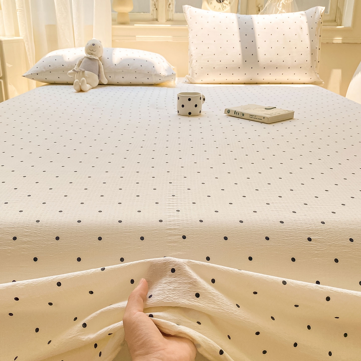 91家纺网 家纺一手货源 找家纺 眠势力 2025新款云感双层纱床单三件套ins奶油风学生宿舍床单四季通用 极简波点