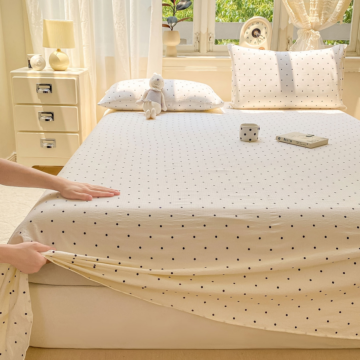 91家纺网 家纺一手货源 找家纺 眠势力 2025新款云感双层纱床单三件套ins奶油风学生宿舍床单四季通用 极简波点